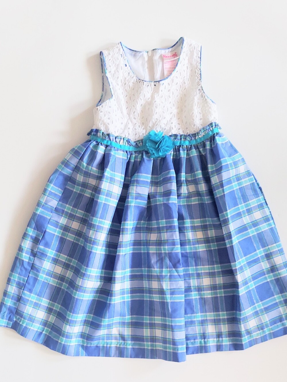 Nanette Girl Sleeveless Eyelet Cut Bodice Blue Plaid Dress Size 6
